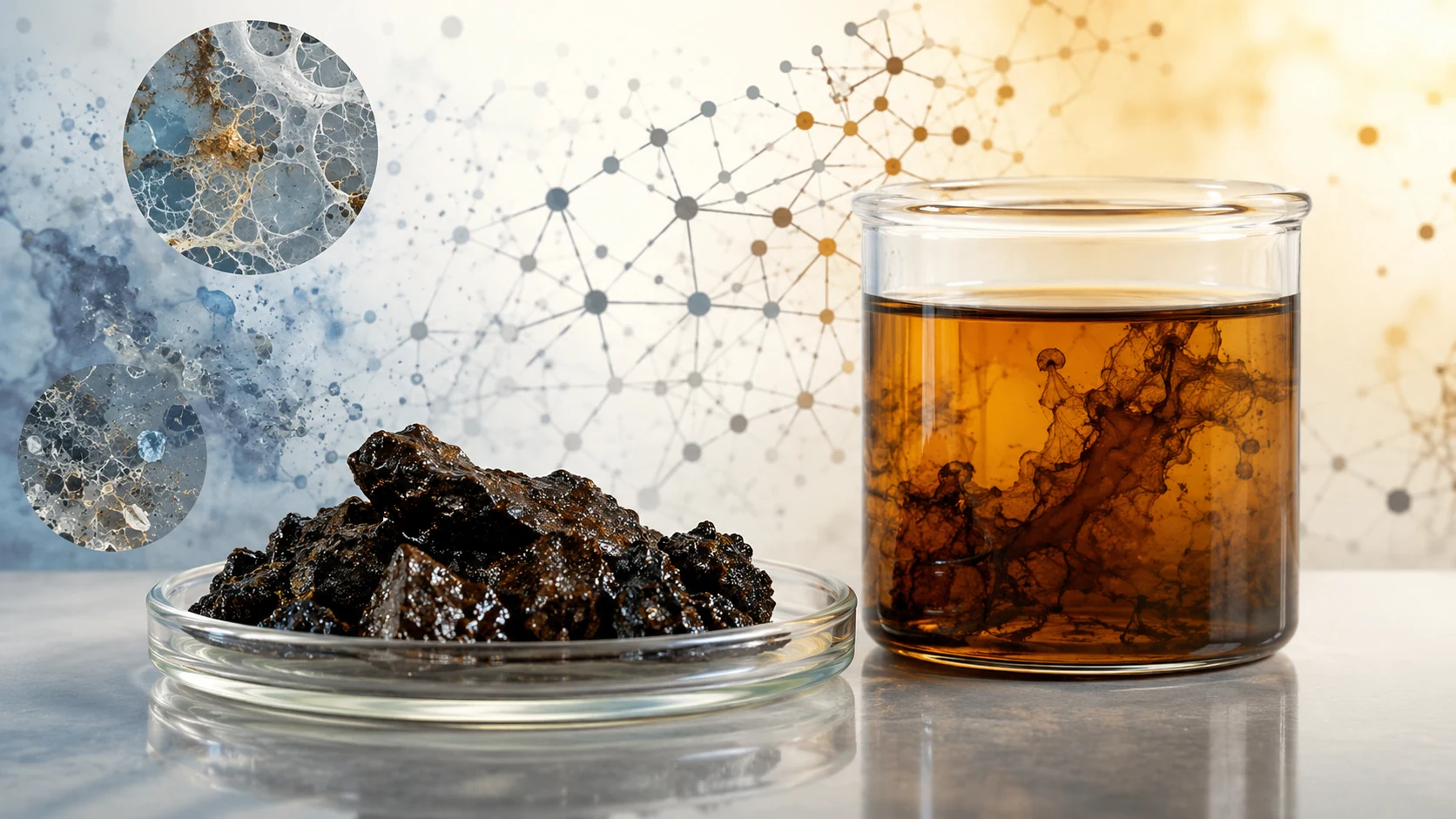 Shilajit resin and amber solution illustrating fulvic acid and dissolved organic composition