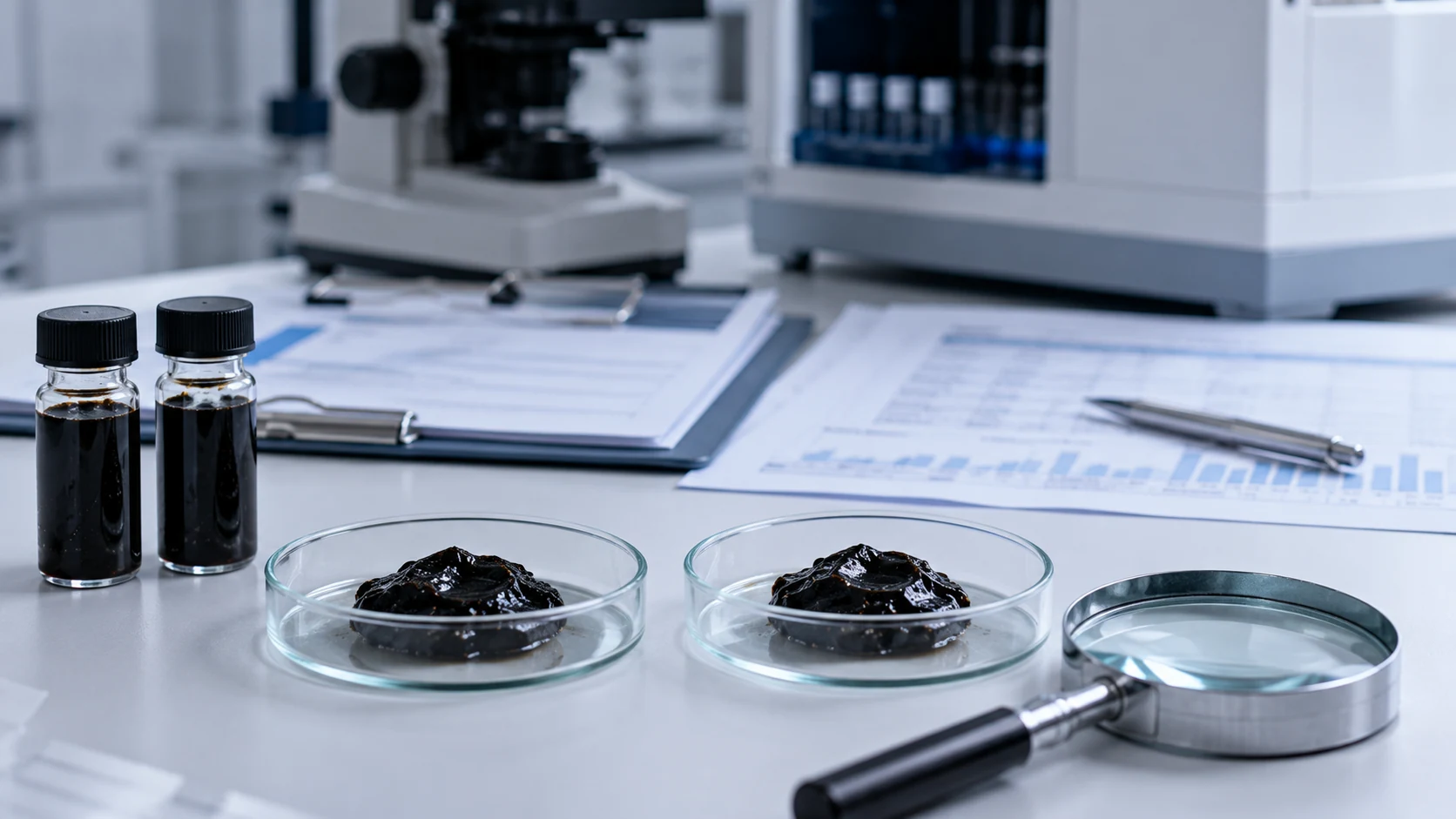 Two visually similar Shilajit samples being compared through laboratory documentation and analysis