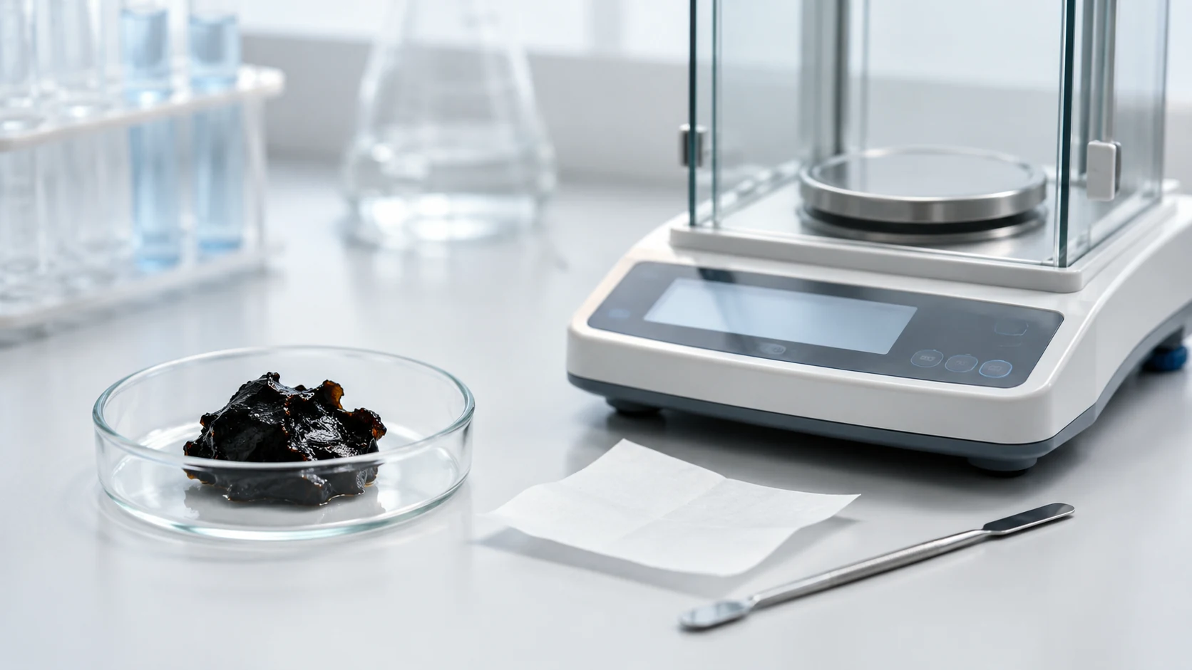 Shilajit resin beside a precision laboratory balance for milligram dose measurement