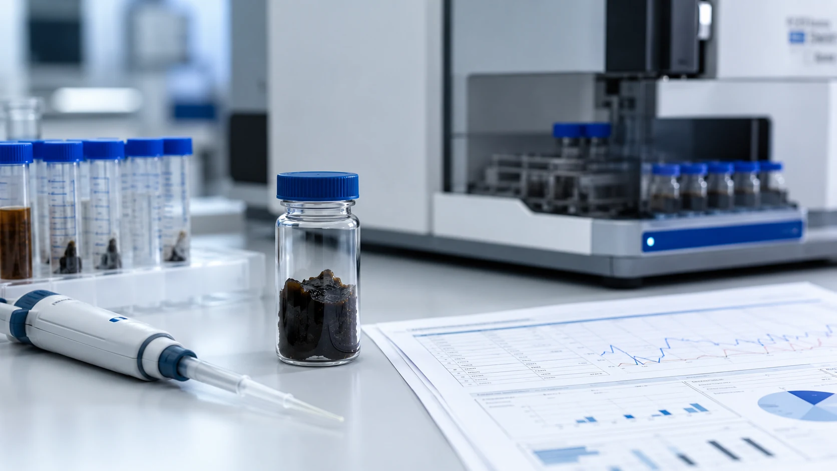 Shilajit laboratory sample with analytical instruments and batch-testing documentation