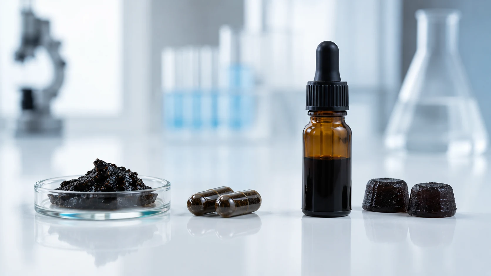 Laboratory comparison of Shilajit resin, capsules, liquid drops and gummy formulations