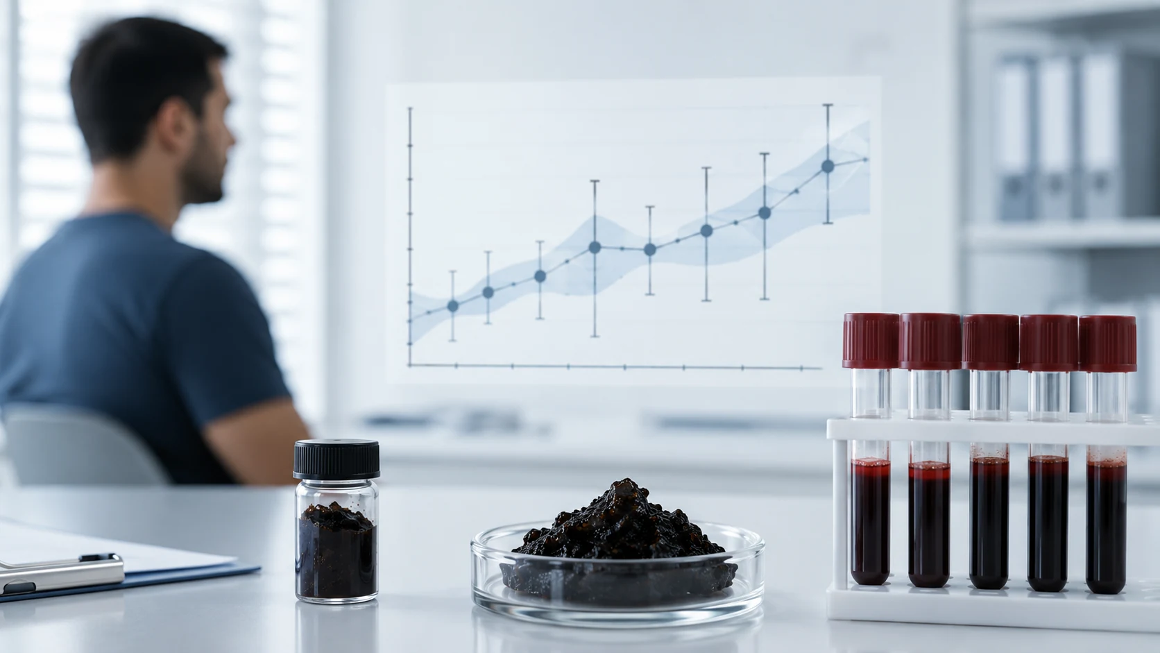 Clinical research setting showing Shilajit samples, blood tubes and an uncertainty chart for testosterone evidence